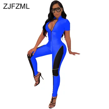 

Moto Biker Skinny Rompers Women Jumpsuit Color Block Spliced Short Sleeve Bodycon Catsuit Summer Front Zipper One Piece Bodysuit