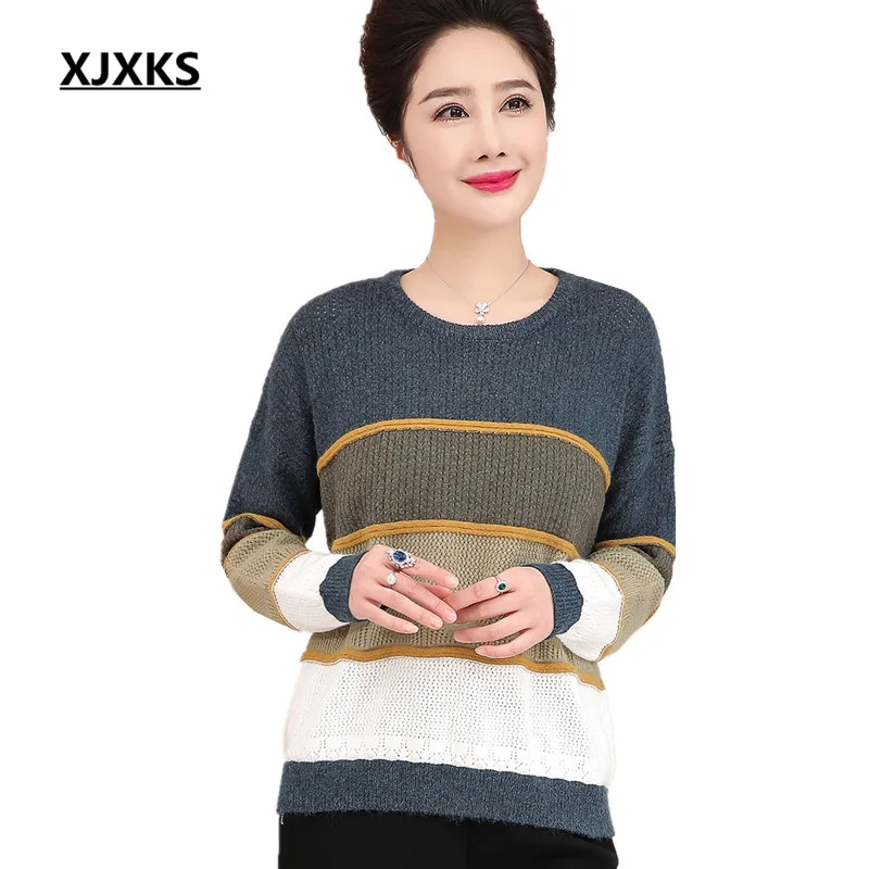 XJXKS Fashion striped round neck long-sleeved women sweater autumn winter new plus size women cashmere sweater pullover