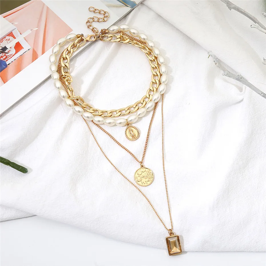 Ingemark Virgin Mary Pendant Choker Necklace Sweet White Pearls Crystal Square Golden Thick Chain Long Necklace Women Jewelry