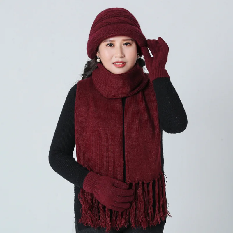 Middle-aged Lady Hat Autumn Warm Wool Mixed Warm Hat Woolen Cap Middle Age Mother Grandmother Knitted Hat scarf gloves Hat