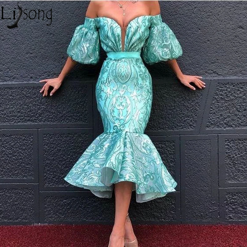 green prom dresses mermaid lace short sleeve ruffle evening dresses lace party dresses_看图王