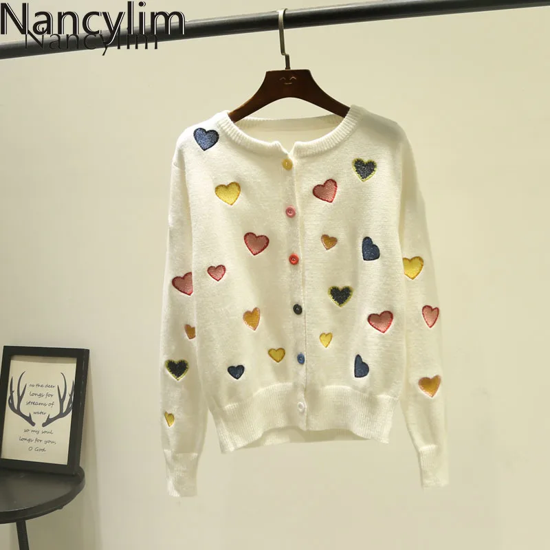 

2019 Sweet Color Embroidered Love Knitted Cardigan Spring and Autumn Small Fresh Crewneck Long Sleeve Sweater Jacket for Women