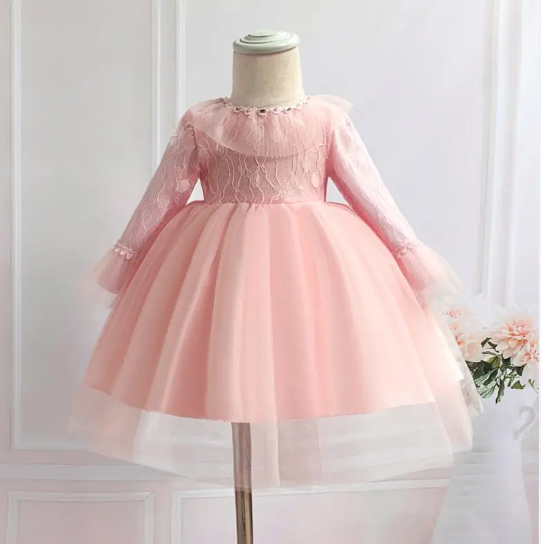 Платья для маленьких девочек Розовое Кружевное платье принцессы с длинными рукавами для крещения, платье для первого дня рождения, вечерние платья для крещения новорожденных девочек - Цвет: Розовый