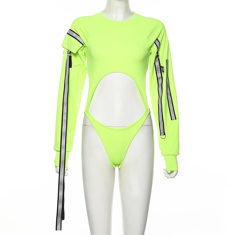 Autumn Women Casual O-Neck Long Sleeve Sexy Hollow Out Bodysuit Reflective Patchwork Ribbon Slim Elastic Rompers P1735273