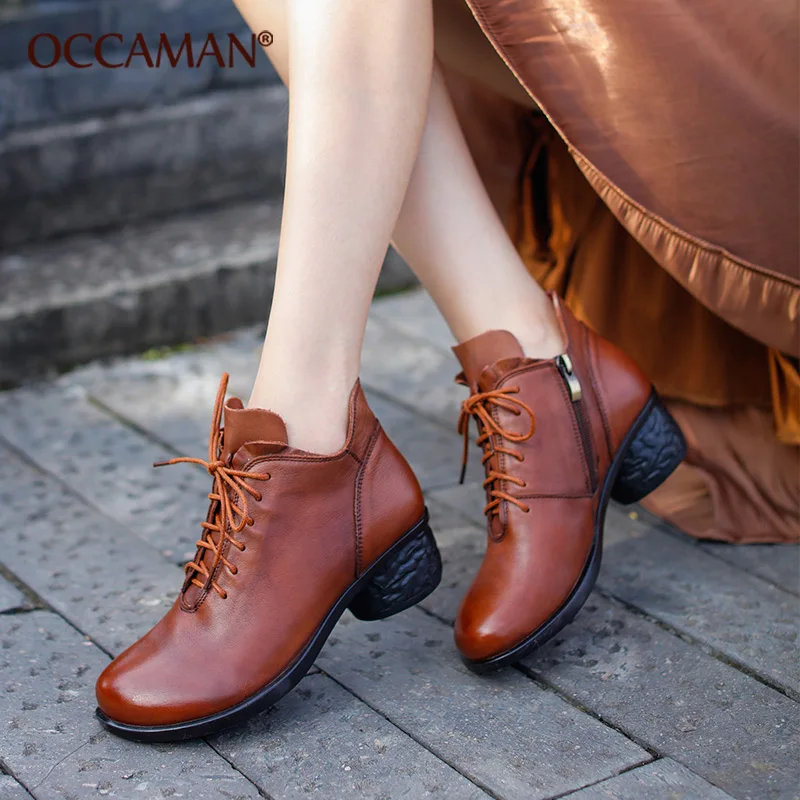 

OCCAMAN New Winter Women Ankle Boots Fashion Round Toe Square High Heels Leather Female Boot Black Casual Rain Boots Women 05149