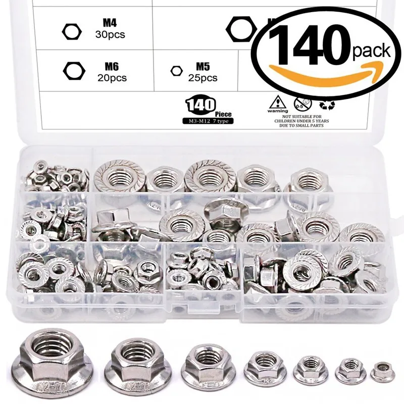 HHO-140-Pcs M3 M4 m5 m6 m8 m10 m12 шестигранные фланцевые гайки Ассортимент Набор-304 нержавеющая сталь