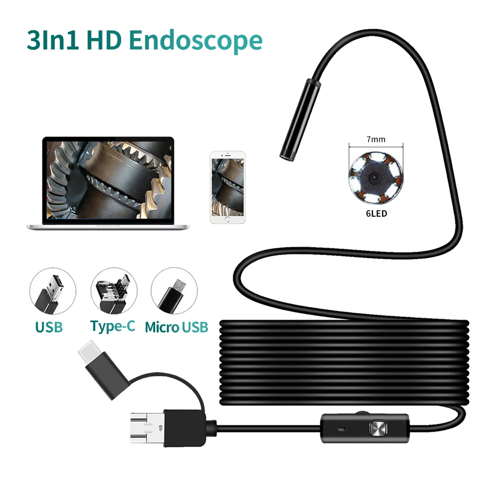 Mini cámara de inspección endoscópica tipo c de 7,0mm, Cable duro para cámara de endoscopio USB para Android, PC, teléfono Android, tipo de tubería C