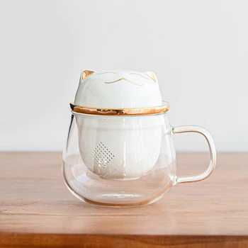 

Double Wall Tea Glass Cup Water Cute Cat Heat Resistant Creative Glass Cup Handle Water Bottle Nordic Xicaras Tea Set AD50GC