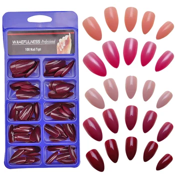 

100pcs Stiletto False Nails Art Tips Pointed Sharp Candy Red Wine Full Cover Fake Nails Tips Manicure Press On Nails Charms