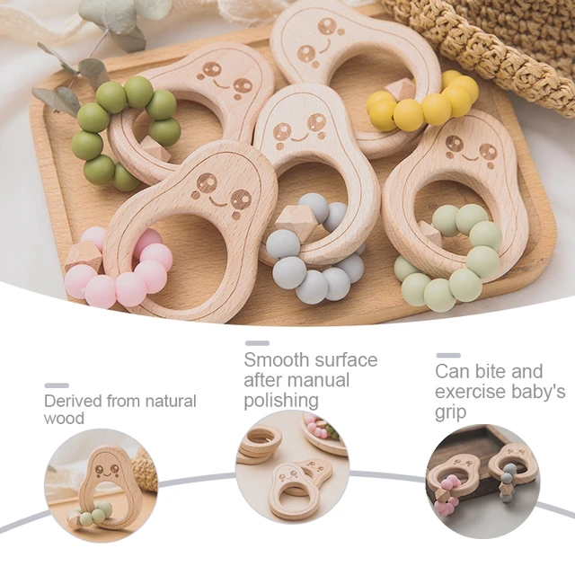 1pc Baby Teether Wooden Avocado Beads Nursing Bracelet BPA Free Silicone Crib Rattle Teething Beads Baby Rattles Nurse Gifts Toy 5