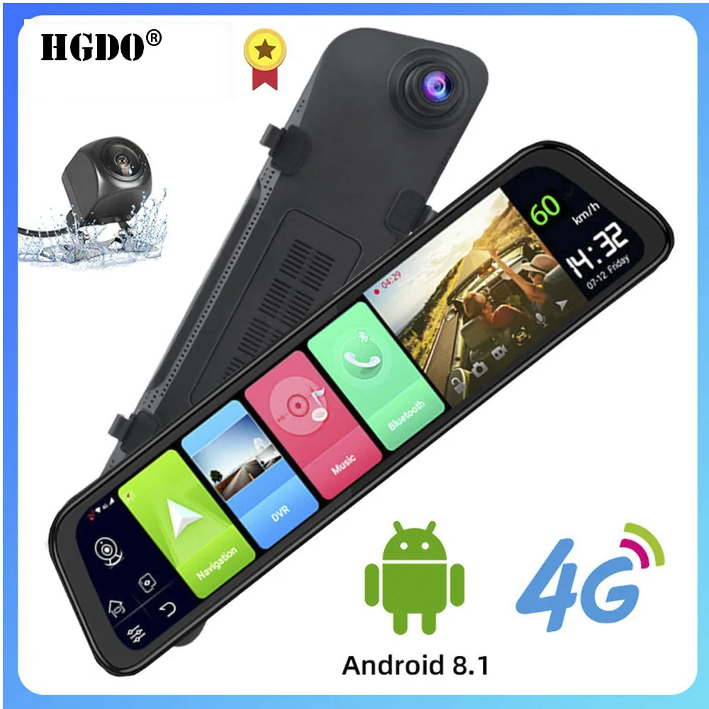 Car dash cam HGDO 4G 12" Car Dvr Dual lens rearview mirror Camera Car dvr Android 8.1 2+32G ADAS Navigation 1080P Video registrar recorder