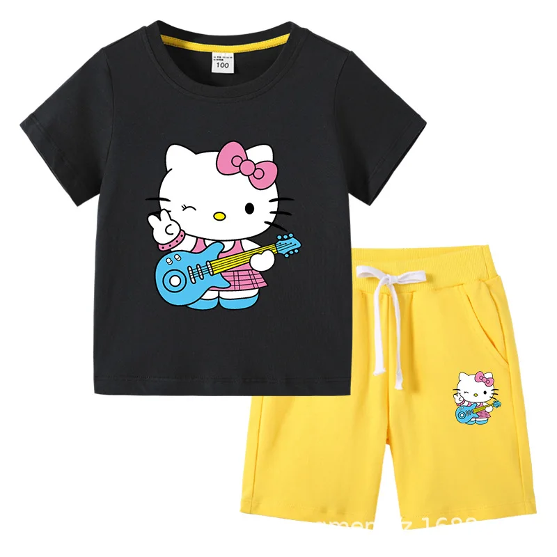 thumbnail image 1 of Hello Kitty verano niños pequeños de algodón de manga corta camiseta traje niños pantalones cortos de manga corta conjunto de dos piezas ropa para niños, 1 of 5