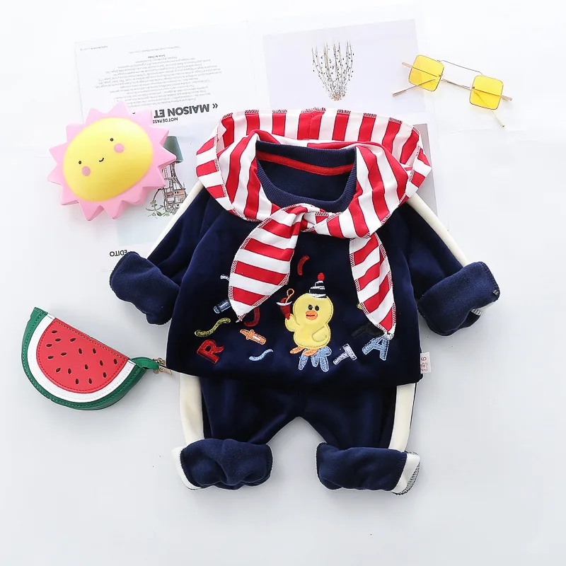 0-4 years winter boy girl clothing set casual thicker warm cartoon cute kid suit children baby clothing hoodies+pant 2pcs
