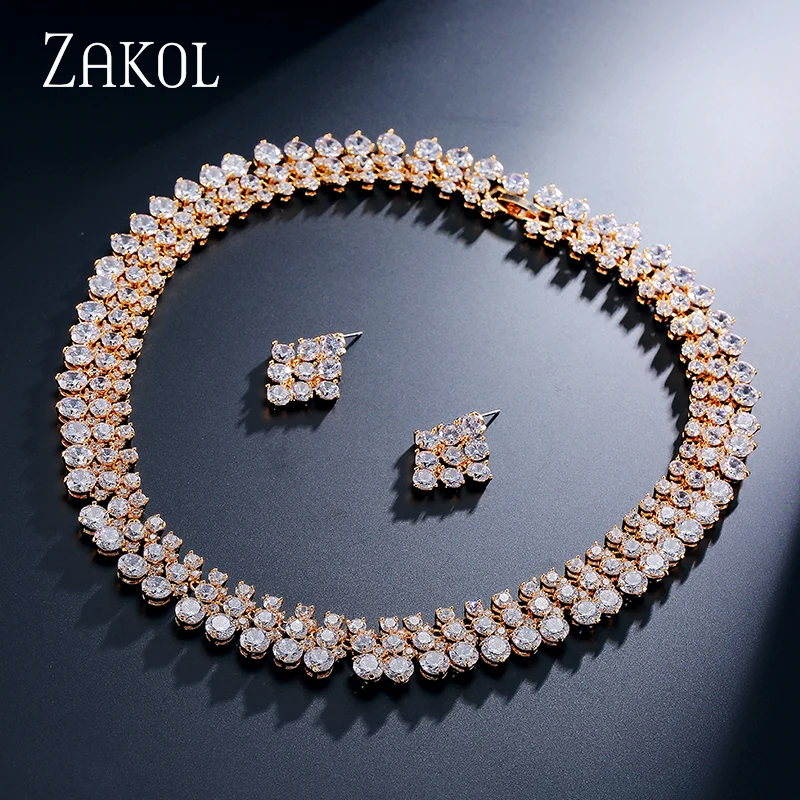 Gold Color ZAKOL элегантный топ качество круглый кубический цирконий Кластер ожерелье серьги набор украшений для женщин аксессуары FSSP058 - Metal color: Gold Color
