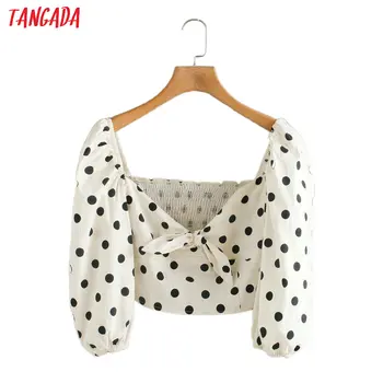 

Tangada women retro dots print crop blouse pleated zipper 2020 chic female sexy slim beach shirt tops 5Z123