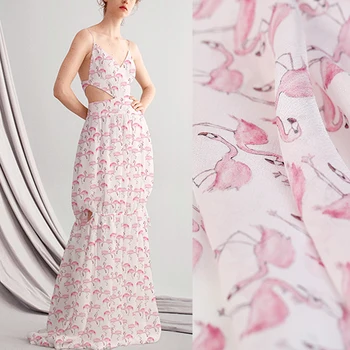 

138CM Wide 10MM Pink Flamingo Print Thin Silk Georgette Fabric for Summer Dress Jacket Scarf DE1296