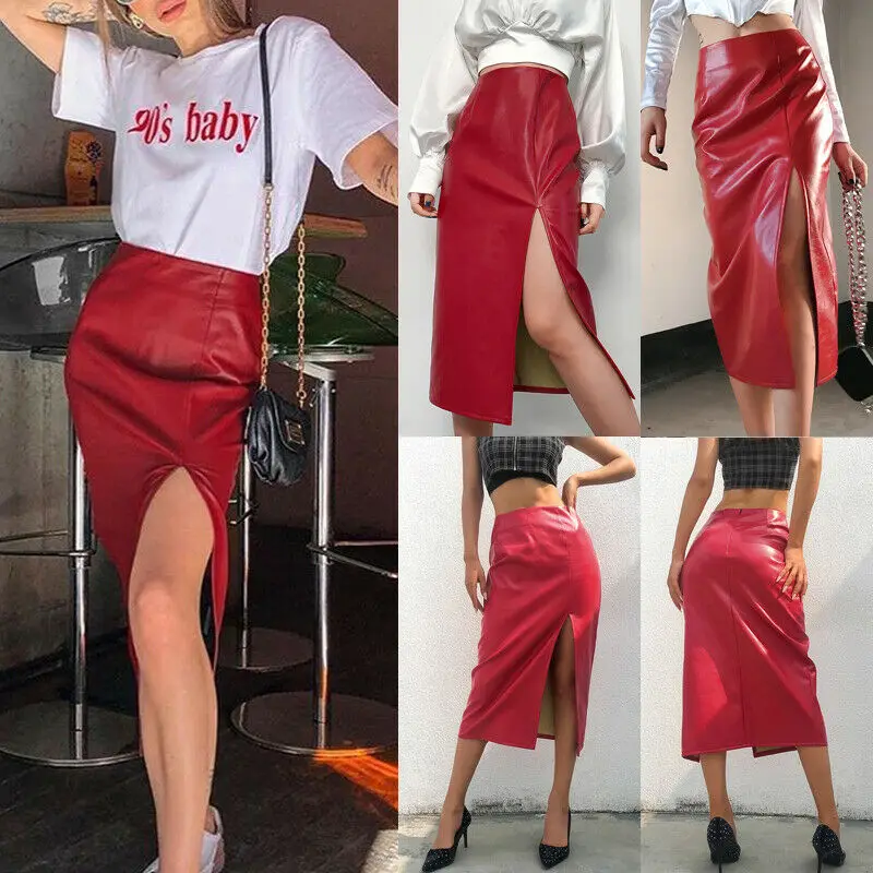 Модная красная кожаная юбка, Женская юбка с разрезом, высокая талия, тонкая юбка из искусственной кожи