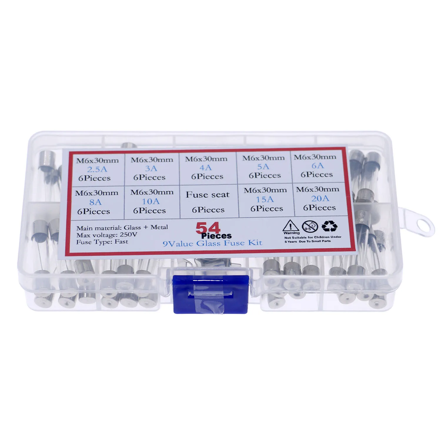 Glass Fuse 54pcs/Box 6x30mm Quick Blow Car Assorted Kit