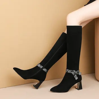 

Elegant Women suede leather Knee High Boots Side Zipper Winter Warm Long Boots Female Vintage Shoes Woman big size 41 42