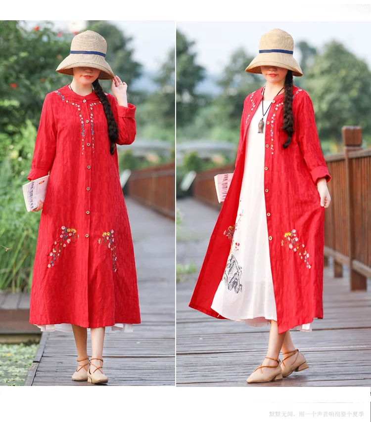 Autumn Clothing New Style Jacquard Embroidered Cotton Linen Retro Cardigan Elegant Large Size Mid-length Women's