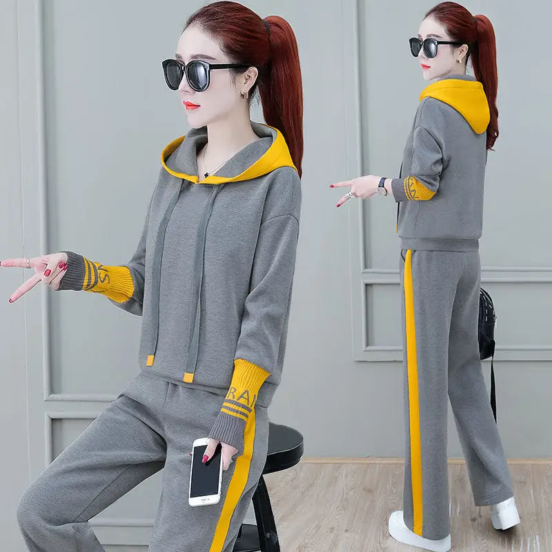 Exercise Set Women 2021 New Spring And Autumn Female Sportswear With A Hood Teenager Girl Sweatshirt Pant Black Gray 033
