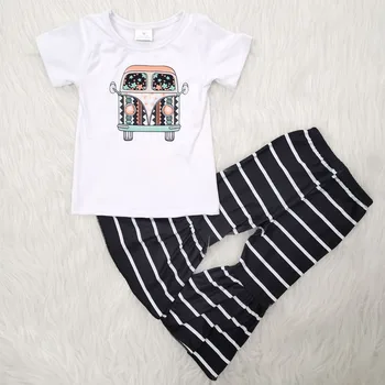 

Spring and summer baby girl clothing truck print short-sleeved shirt black and white striped flared pants suit