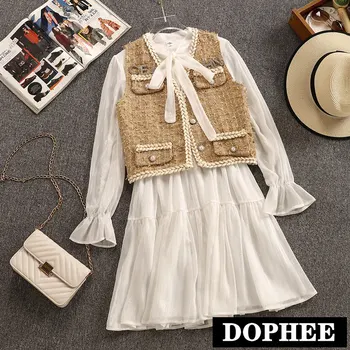 

2019 New Autumn Dress Set Small Fragrance Women's Long Sleeve White Chiffon Dress + Tweed Vest Jacket Two-piece Set Female