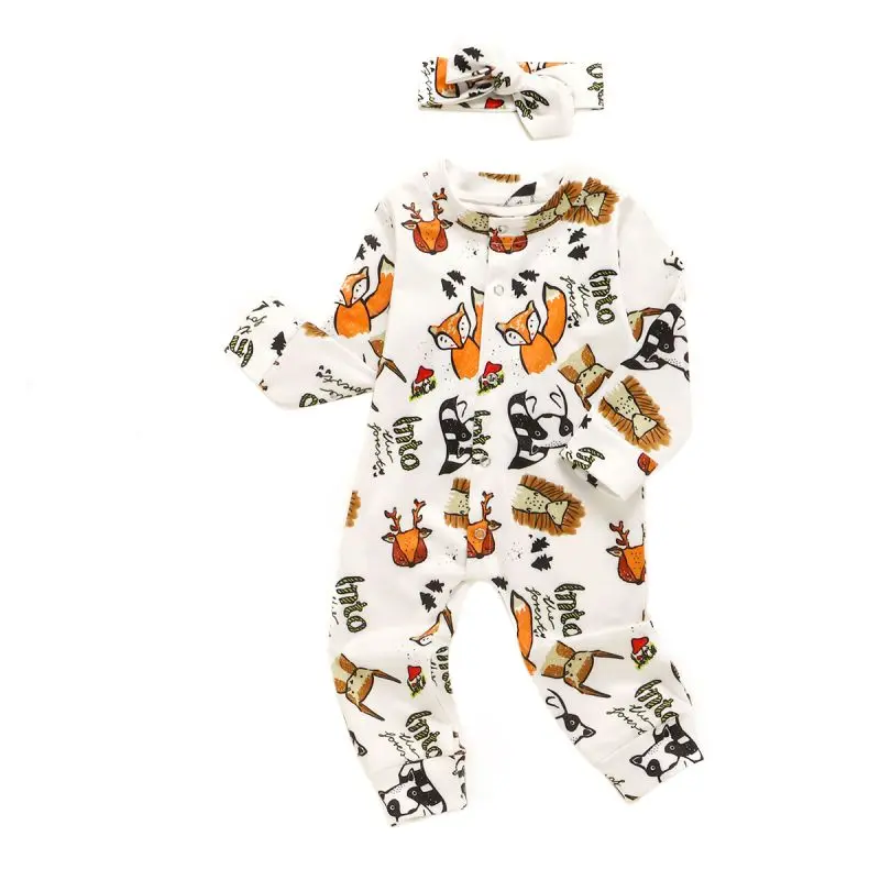 Cotton Baby Cartoon Print Jumpsuit Romper Hair Band Two Piece Boys Girls Cartoon Animal Print Spring And Autumn x