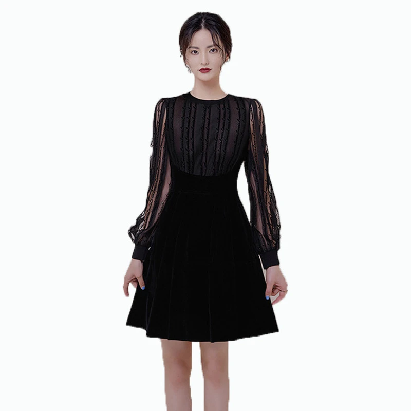 

Foamlina Sexy Women Black Autumn Winter Dress O Neck Floral Lace Mesh Patchwork Long Sleeve A Line Party Velvet Vintage Dress