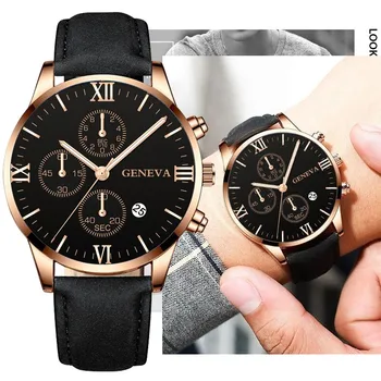 

Men Military Watch Three Eyes Ceneva Leather Alloy Analog Date Quartz WristWatch Business Watch часы мужские relogio masculino