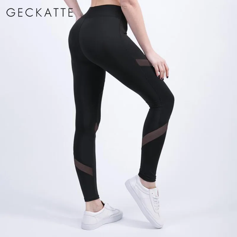 GECKATTE, черные, сетчатые, высокая талия, сексуальные, прозрачные, леггинсы для женщин, для фитнеса, спорта, спортзала, Стрейчевые штаны, повседневные, эластичные, спортивная одежда, Gymwear