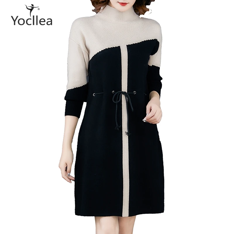 

2019 Autumn Ladies clothes Knit Dress sweater Knee-Length Vintage Half Turtelneck Long sleeve A-Line Dresses women streetwear