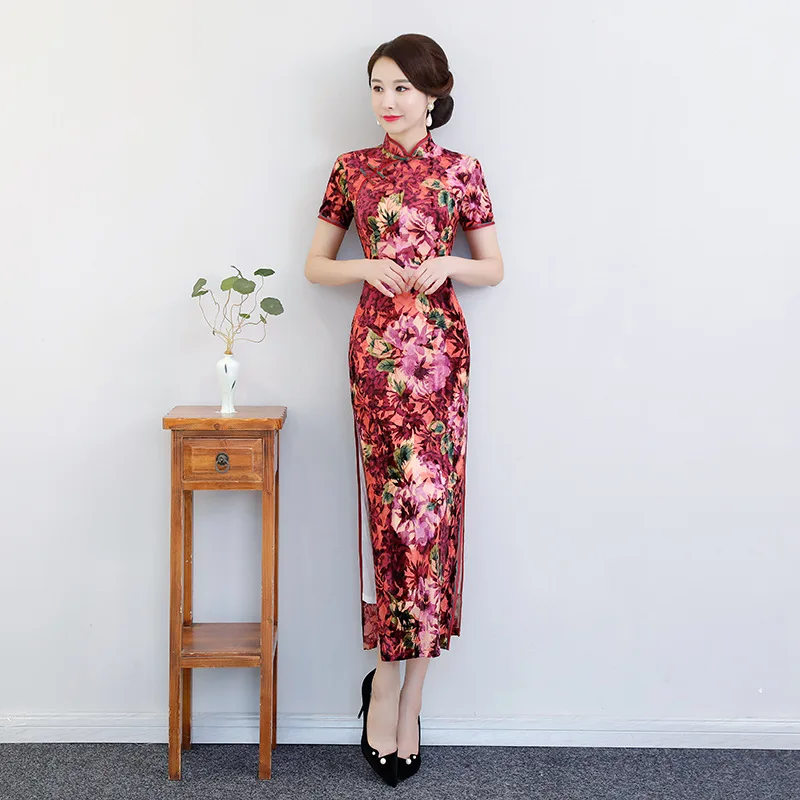 Китайское женское осенне-зимнее велюровое платье Чонсам Qipao пикантные длинные Чонсам ручной работы на пуговицах Qipao Vestidos
