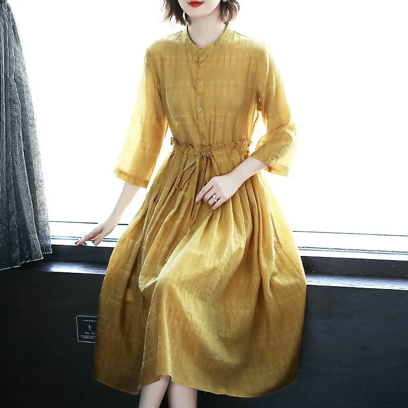 

Retro Literature And Art Loose-Fit Slimming Three-quarter-length Sleeve Pure Ramie Dress Cotton Linen Medium-length Dress Flax W