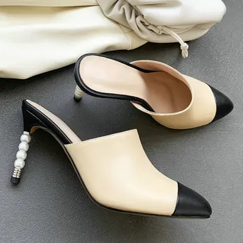 

GeunineLeather Pointed Toe Summer Fashion Sandals Stiletto Fashion Party slippers 2020 spring and autumn Black Beige
