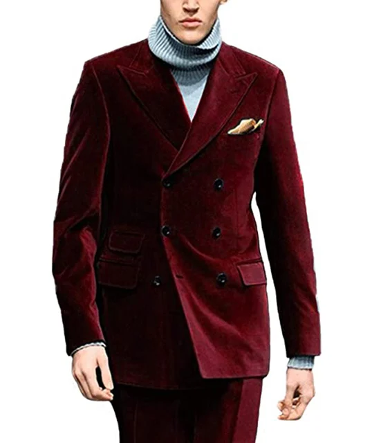 

JELTONEWIN Burgundy Velvet Double Breasted Peaked Lapel Costume Homme Wedding Groom Men Suits Slim Fit Man Tuxedos Blazer 2 Pcs