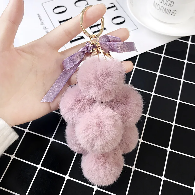 Корейский модный брелок с фруктовым помпоном, помпоном из искусственного кроличьего меха, помпоном из винограда, женский брелок с подвеской, брелоки Llavero - Цвет: purple ball