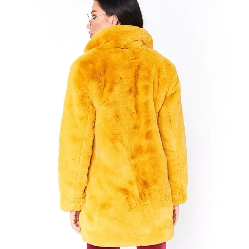 Women Fashion Warm Faux Fur Simple Concise Solid Color Mid-length Coats Winter