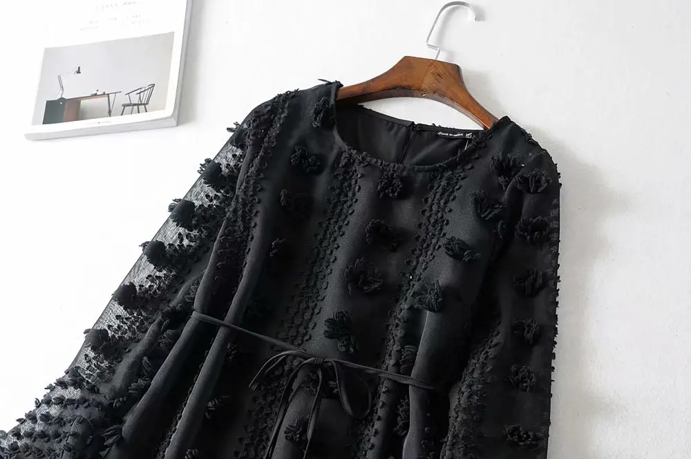 Сексуальные Платья женские черные Осень Зима с длинным рукавом Boho A Line Ruffle вечерние платья с поясом галстук Vestidos модное платье D