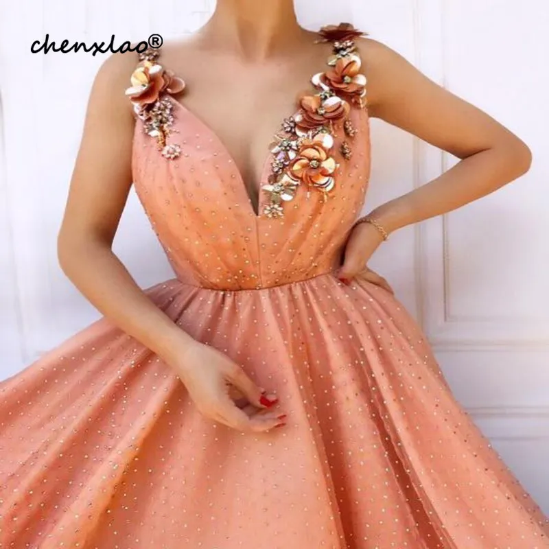 Светло-оранжевые жемчужные тюлевые платья для выпускного вечера новые v-образным вырезом А-силуэта 3D Цветы вечерние платья элегантные длинные женские вечерние платья