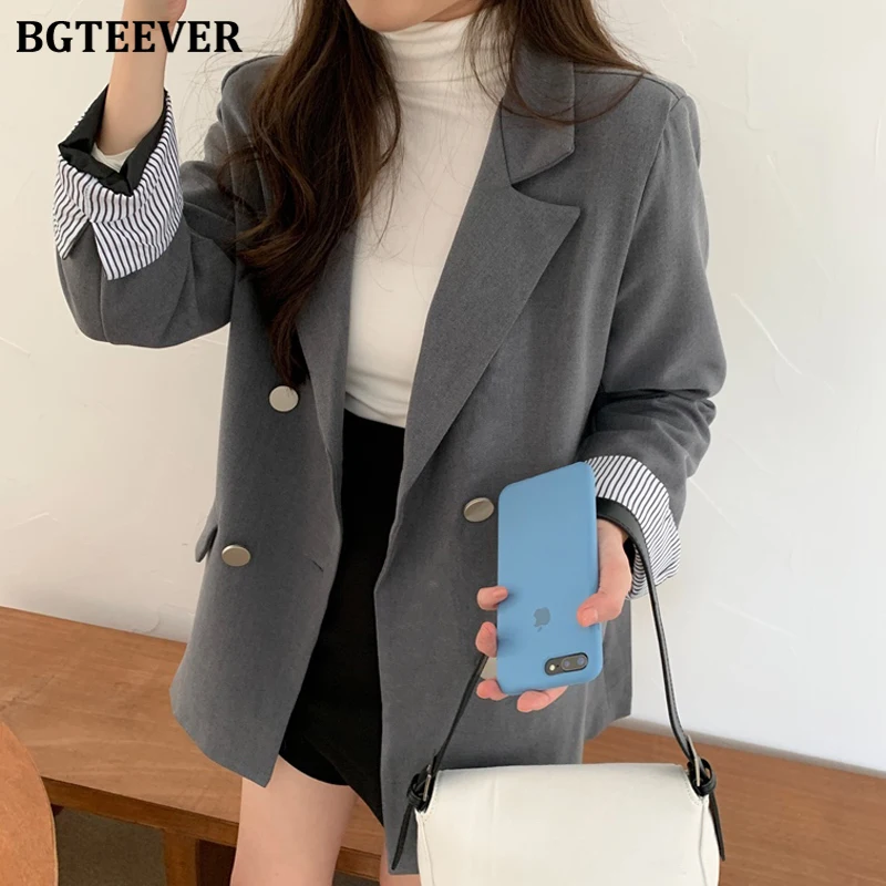 BGTEEVER, офисный Женский блейзер, куртки, двубортный женский костюм, куртки, свободные карманы, женские блейзеры,, весенние, blaser femme - Цвет: gray