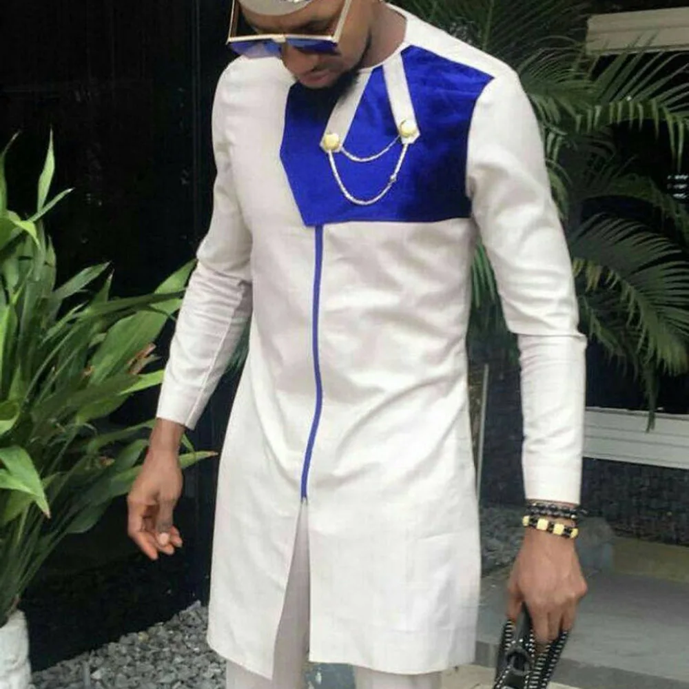 

African Clothes Man Dashiki Color Block Tee Shirt Long Sleeve Tops Autumn Fall 2019 Male White Luxury Men Shirt Africa Clothing