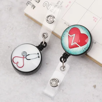 

Cute Heart-shaped Retractable Badge Reel Cartoon Display ID Name Card Badge Holder Mini ID Lanyard Key Ring Office Supplies