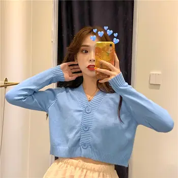 

Women Cardigan Cropped Sweater Coat Sexy Female V-neck Long-sleeved Knit Cardigan Candy Color Coat