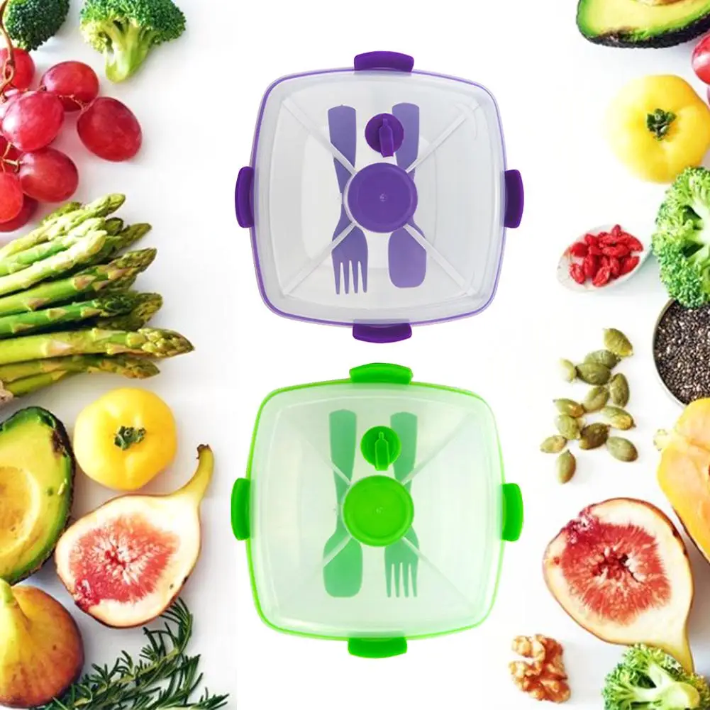 Контейнер для ланча, салатник, BPA-Free, пластиковый двухслойный разделенный Ланч-бокс, квадратный фруктовый поднос банка для соуса, многоразовая вилка, ложка