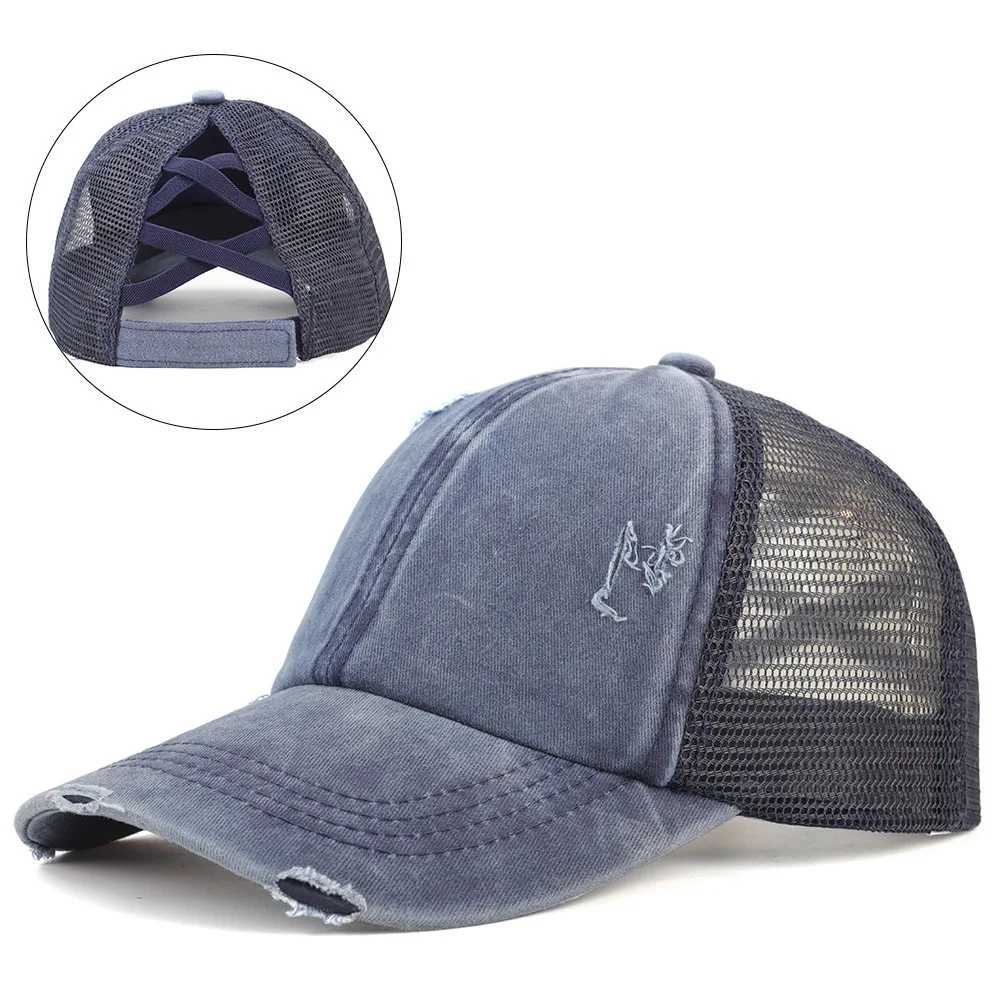 

New Women's Wash Cap Casquette Light Board Retro Ponytail Baseball Cap Cotton-Padded Cap Ripped Hole Cross Cap