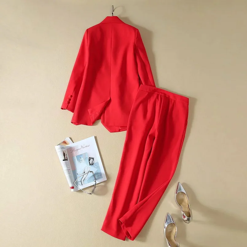 High Quality Women's Set Clothing Autumn Blazer Suit Ladies Tassel Beading Blazer Jacket+Ankle Length Pants Sets Red Black