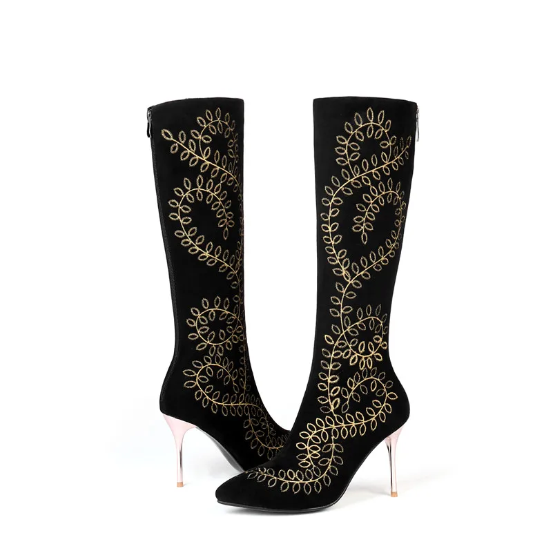 Черный Meotina Winter Knee High Boots Women Kid Suede Zipper Thin Heels Long Boots Real Leather Extreme High Heel Shoes Lady Size 33-43 - Цвет: Черный