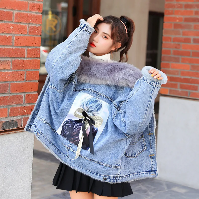 

Women's Denim Jacket With Fur Winter Jeans Hooded Velvet Coat Female Faux Fur Collar 2020 Padded Warm Jackets Bomber Windbreake