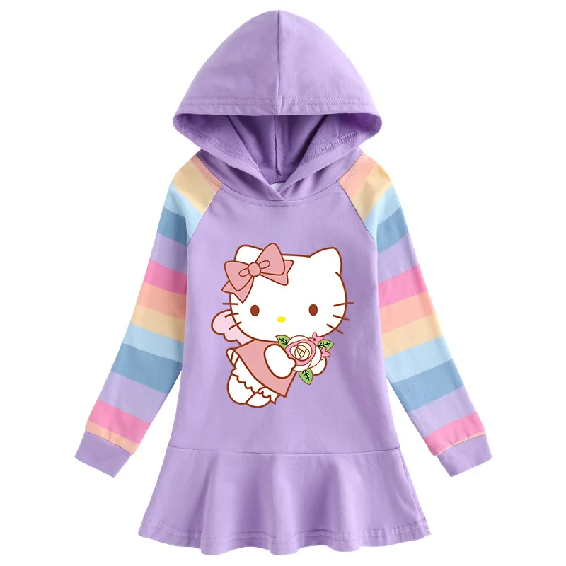 thumbnail image 1 of Hello Kitty-vestido de algodón con dibujos de arcoíris para niñas, suéter con capucha de manga larga, falda de princesa, ropa para niños, primavera y otoño, 1 of 5